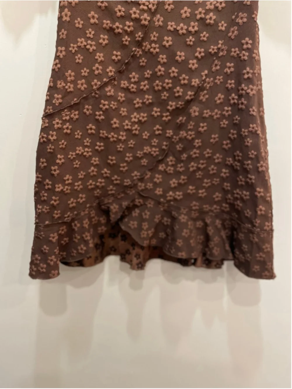 STORIA Brown Floral Babydoll Mini Dress L Puff Sleeves Fairy Grunge Asymmetric - Picture 3 of 9